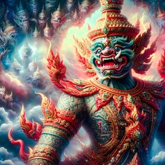 Thai-style giant image of Thao Wesuwan wearing sacred robes. Expressing ferocity and fearsomeness The background should be reminiscent of the heavenly kingdom. It adds to the essence of the mythical s