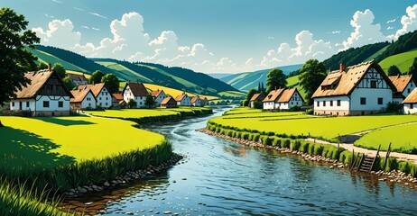 Sticker - village houses by a lake and mountains under clouds and sky. secluded river town in forest in summer.	