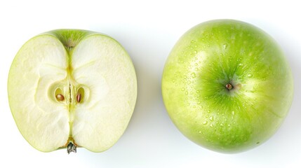 Wall Mural - Isolated green apple cross section on white background with clipping path Aerial view flat lay