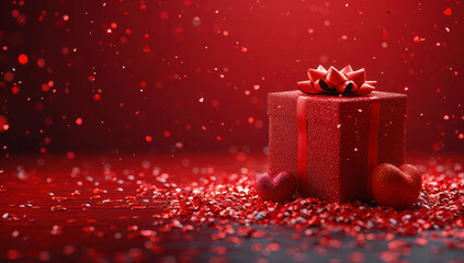 Poster - Red Gift Box with Ribbon and Bow on a Red Background extreme closeup. Generative AI