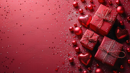 Poster - Red Gift Box with Ribbon and Bow on a Red Background extreme closeup. Generative AI