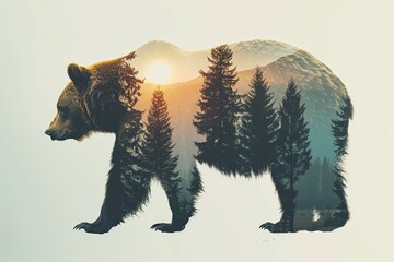 Bear silhouette featuring double exposure with forest trees. Animal in nature