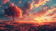 © Sarawut - Beautiful autumn landscape with trees and a sunset sky. Digital art illustration background, a fantasy concept of a magic world, Generative AI