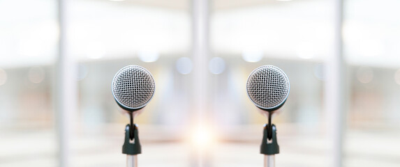 Wall Mural - Microphone for press conference speaker report interview concepts or broadcasting public speaking speech presentation stage performance and reporter news with empty copy space background.