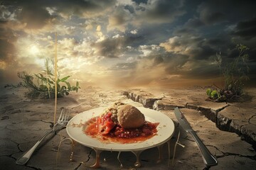 plate of food on a dry cracked land ,food scarcity , drought