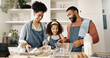 © peopleimages.com - Family, child and baking in kitchen or home, cooking and learning together with parents in apartment or culinary skill. Food, treat and girl preparation, love and childhood development and growth