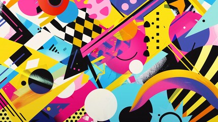 A vibrant and colorful abstract pop art background featuring bold geometric shapes and playful patterns in a dynamic composition