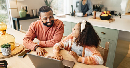 Aufkleber - Girl child, dad and laptop for learning or helping for online research, project and support for assignment of homeschooling. Father, kid and internet for growth development with digital assessment.