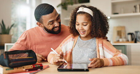 Aufkleber - Child, tablet and dad for education, elearning and growth for future or knowledge. Father, girl student and kitchen for help, studying and support or home school for development or online assessment