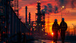 © khonkangrua - Two industrial workers walking with protective gear at an oil refinery plant during sunset.