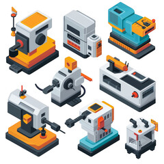 Wall Mural - Vector illustration of various 3D industrial machines and tools. Engineering and manufacturing equipment displayed in isometric style.