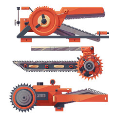 Wall Mural - Vector illustration of various futuristic, orange mechanical tools with wheels and cogs on a white background.