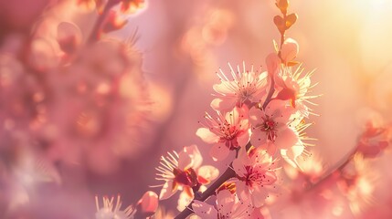 Sticker - Beautiful floral spring abstract background of nature. Branches of blossoming apricot macro with soft focus on gentle light pink sky background