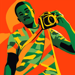 african man holding camera from his back, vector illustration flat 2