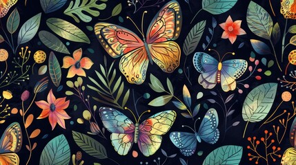 Wall Mural - Abstract seamless pattern featuring colorful butterflies leaves and flowers against a dark backdrop