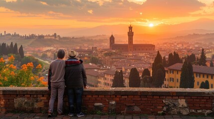 Wall Mural - A gay couple pausing to take in a picturesque view from an old town square, the warm evening light casting a romantic glow over the ancient buildings and their affectionate embrace