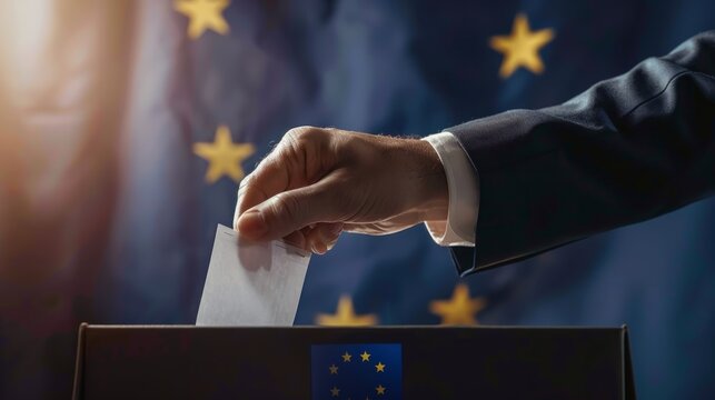 Closeup of a male hand inserting a ballot to European Union ballot box with EU flag colors and stars. European Union elections concept. Generative Ai.
