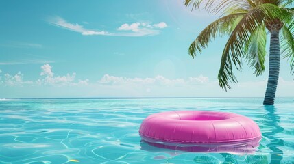 Wall Mural - Pink inflatable ring on the blue sea water with palm tree and with space for copy