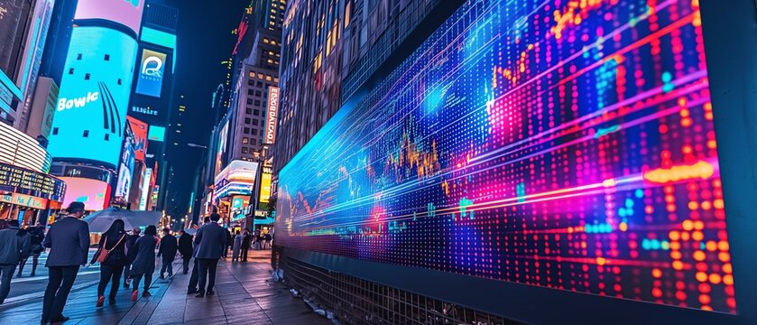 A vibrant stock market infographic displayed on a giant digital billboard in the heart of a busy financial district, attracting the attention of passersby. 32k, full ultra HD, high resolution