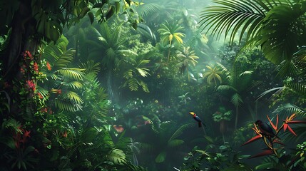 Lush tropical rainforest alive with the sounds of exotic birds and the rustle of dense foliage underfoot.