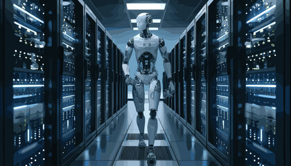 Conceptual image of a humanoid robot working in a data center. Vector illustration.