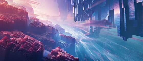 Wall Mural - Against a backdrop of cascading streams of code, a surreal landscape unfolds, where crystalline structures and geometric shapes converge and diverge in a never-ending symphony of 