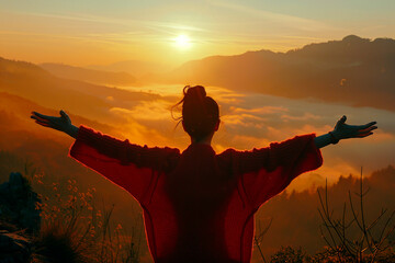 Poster - A woman is standing on a mountain top, with her arms outstretched