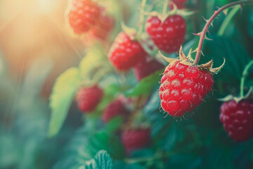 Canvas Print - A bunch of red raspberries hanging from a bush