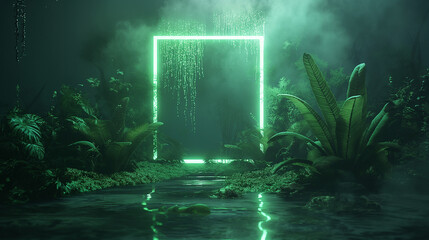 Wall Mural - A green light rectangle illuminating the frame of a square door surrounded by water and plants