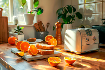 Canvas Print - A kitchen counter with a toaster and a plate of bread and oranges