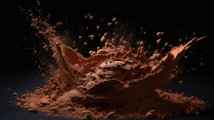Cocoa powder with chocolate pieces and curls explosion