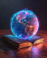 Wall Mural - A glowing blue planet sits on top of an open book. The book is open to a page with a picture of a globe on it. The scene is surreal and imaginative