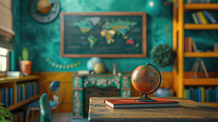 Wall Mural - A classroom with a globe on a table in front of a chalkboard. The room is decorated with a blue and green color scheme