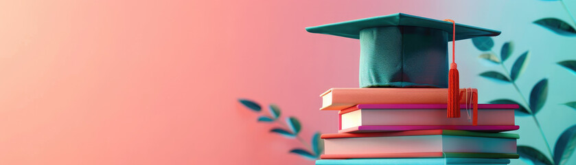 A stack of books with a green cap on top. The books are arranged in a way that they look like they are on top of each other. Concept of accomplishment and achievement