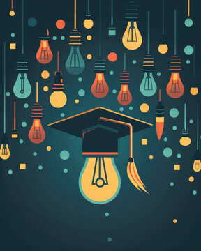 A colorful image of a light bulb with a graduation cap on top. Concept of celebration and achievement, as it represents the end of a student's academic journey. The bright colors of the light bulbs