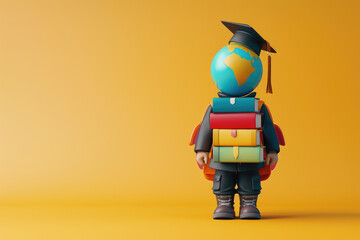 Wall Mural - A cartoon character wearing a graduation cap and holding a stack of books. The character is standing on a yellow background