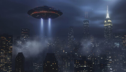Wall Mural - A city is reflected in the water, with a large UFO flying above it by AI generated image