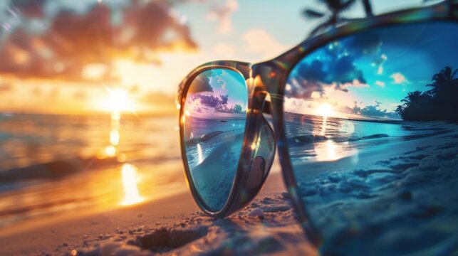Travelers sunglasses, close up, reflective lenses, Double exposure silhouette with beach scene