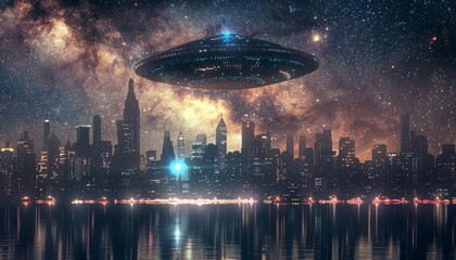 Wall Mural - A city is reflected in the water, with a large UFO flying above it by AI generated image