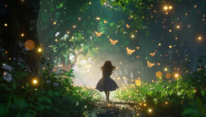 Wall Mural - a girl is walking through a forest with butterflies flying around her by ai generated image