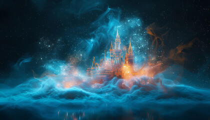 Wall Mural - A castle is floating in the sky with a blue and orange background by AI generated image