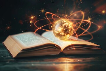 Captivating Image of an Open Book with a Glowing Earth Atom Model Illustrating Nuclear Energy Concepts