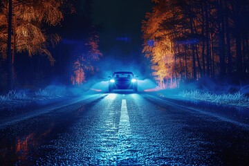 Wall Mural - Car on the road through the night forest. Headlights at night