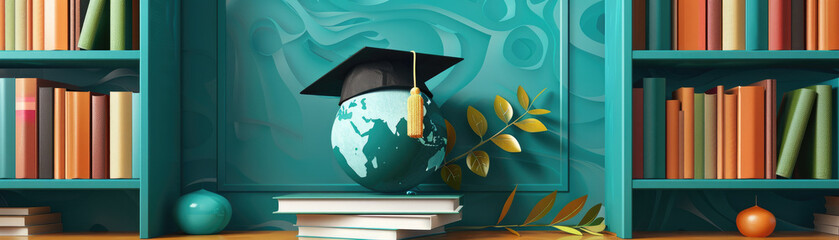 A bookcase with a globe and a cap on top of it. The globe is surrounded by books and a leafy branch. Concept of education and learning, as well as the importance of knowledge and exploration