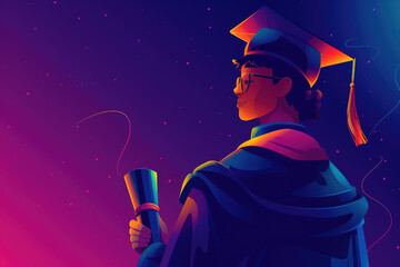 A woman in a graduation gown holding a diploma. The image is in a purple and blue color scheme