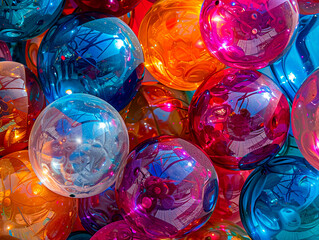 Poster - A bunch of colorful glass balls are reflected in a window