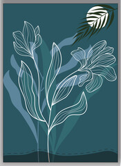 Wall Mural - botanical boho foliage line art drawing with abstract shape wall art vector