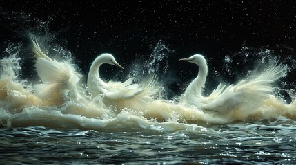 Two white swans splashing in water with wings spread.