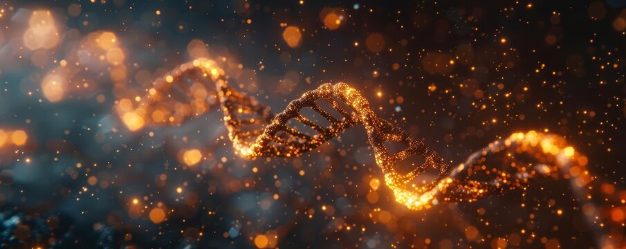 3D rendering of a DNA double helix on a dark background with glowing stars The hyper realistic photography was achieved in the style of Nikon through the grace of technology