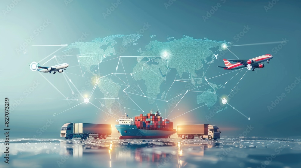 Global Logistics Network Concept with Airplane, Cargo Ship, and Trucks ...